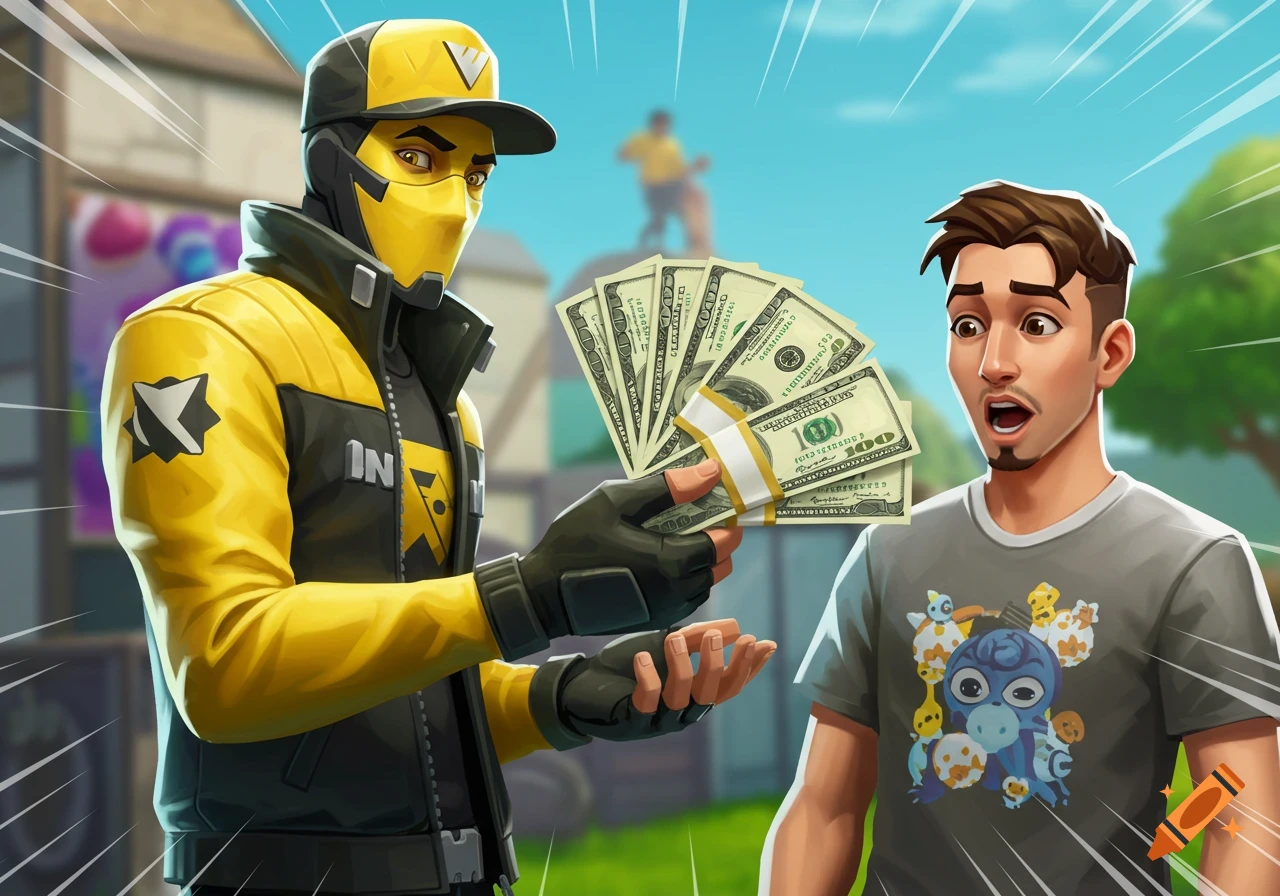 Stylized illustration of a character in a yellow jacket handing a fan of money to another man with a surprised expression.