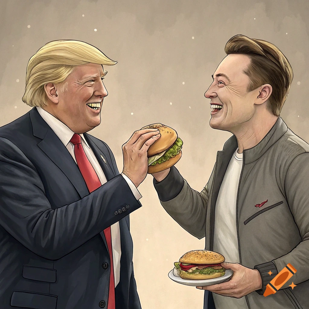 Illustration of Donald Trump and Elon Musk sharing a hamburger.