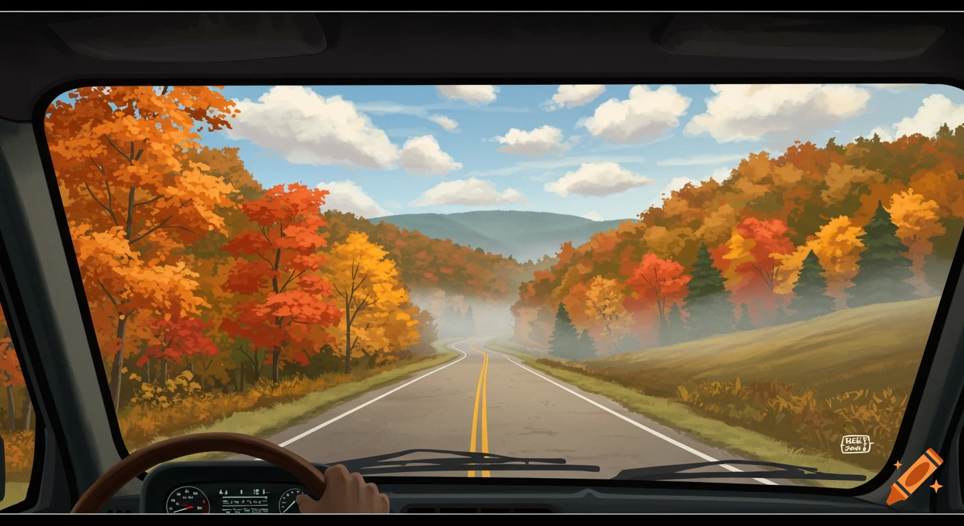 View from inside a car driving on a winding road through colorful autumn trees.