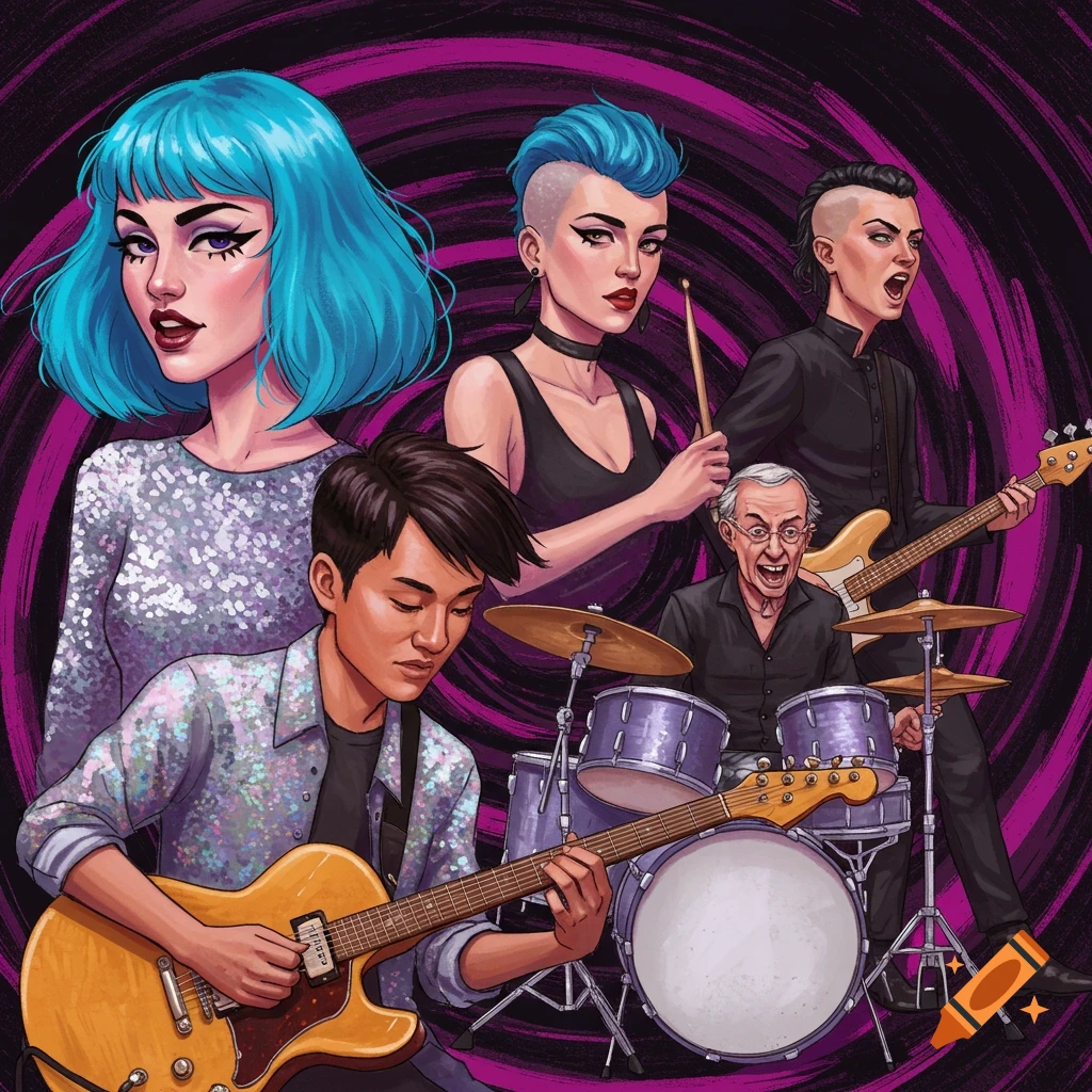Illustration of a band with five members playing instruments against a swirling background.