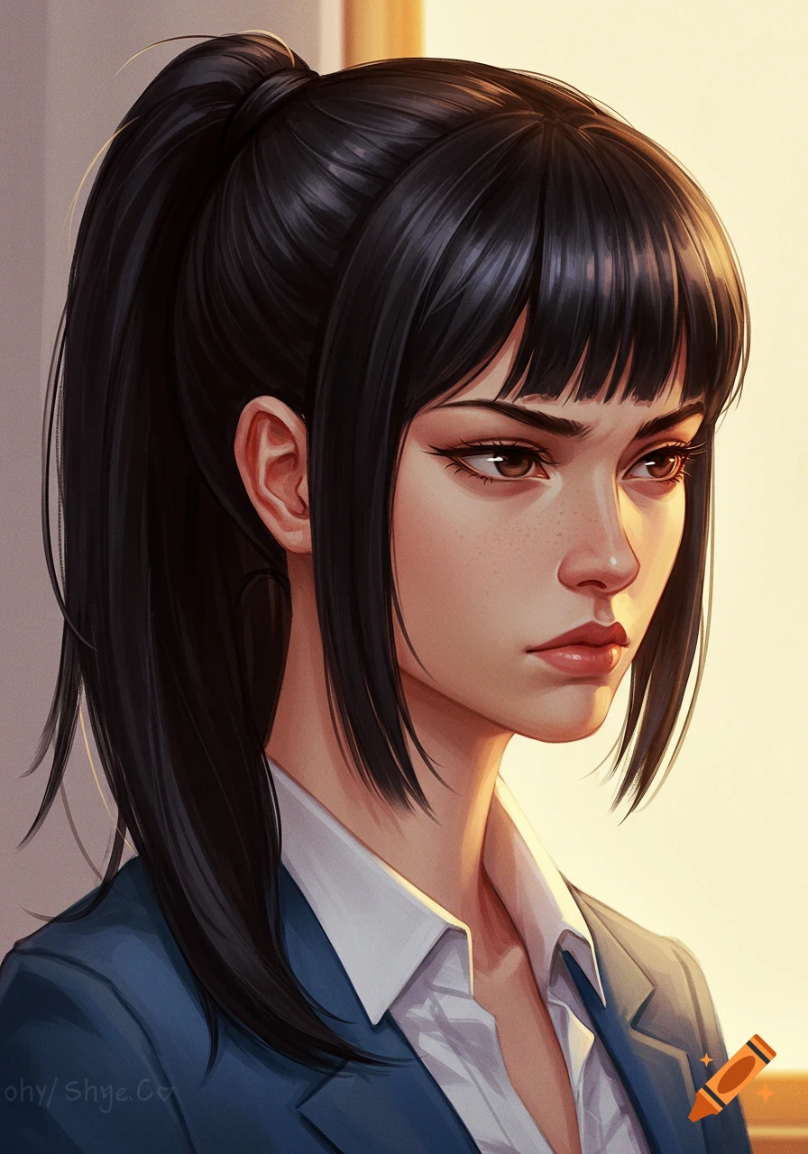 Realistic portrait of a woman with dark hair in a ponytail, wearing a blue suit jacket.
