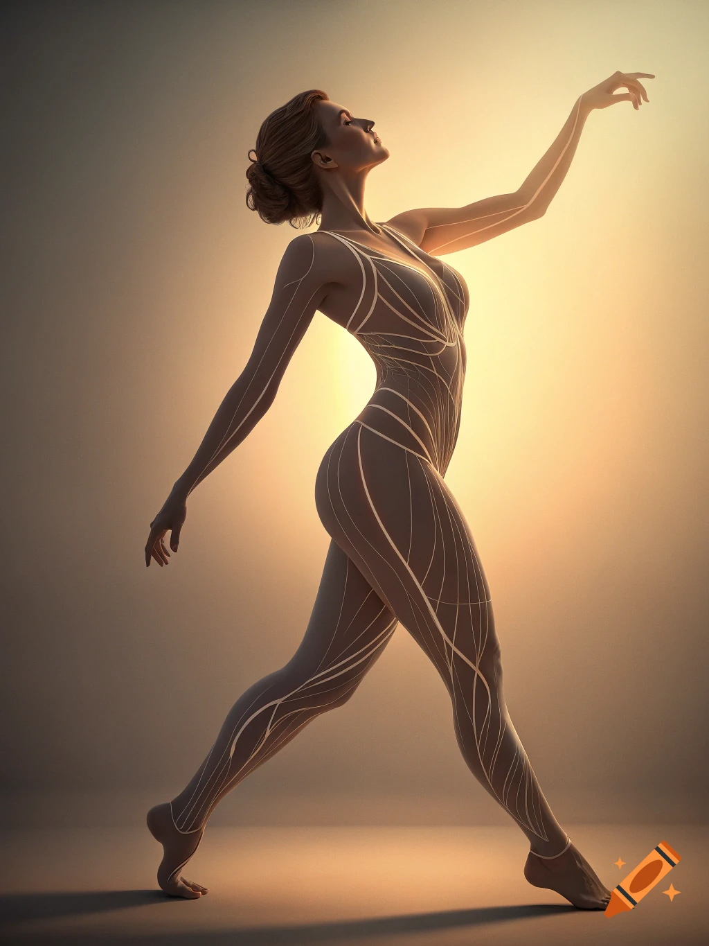 Artistic figure study of a dancer posing with abstract lines, warm backlighting