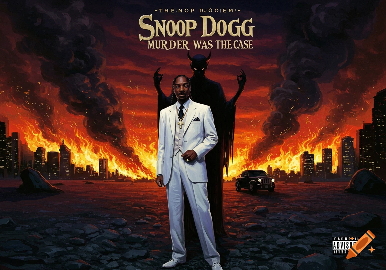 Snoop Dogg stands in a white suit before a silhouetted demon figure, with a city in flames behind them. Dark smoke fills the sky. The title "SNOOP DOGG MURDER WAS THE CASE" is above.