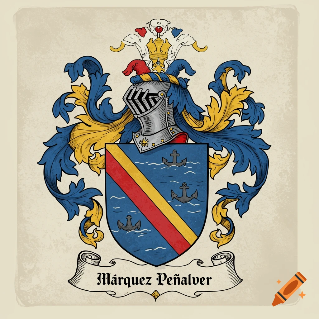An illustrative family crest with a shield featuring red and yellow stripes, blue wavy lines, and three anchors. A helmet, crown, and ornate blue and yellow elements are above the shield. A banner below reads "M órquez Pe óñalver".