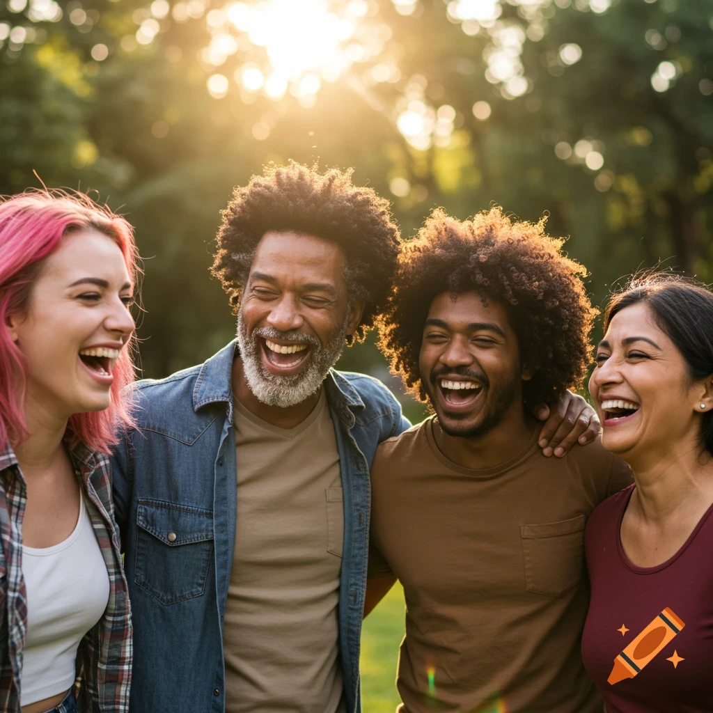 Four diverse friends laugh together outdoors with sunlight.