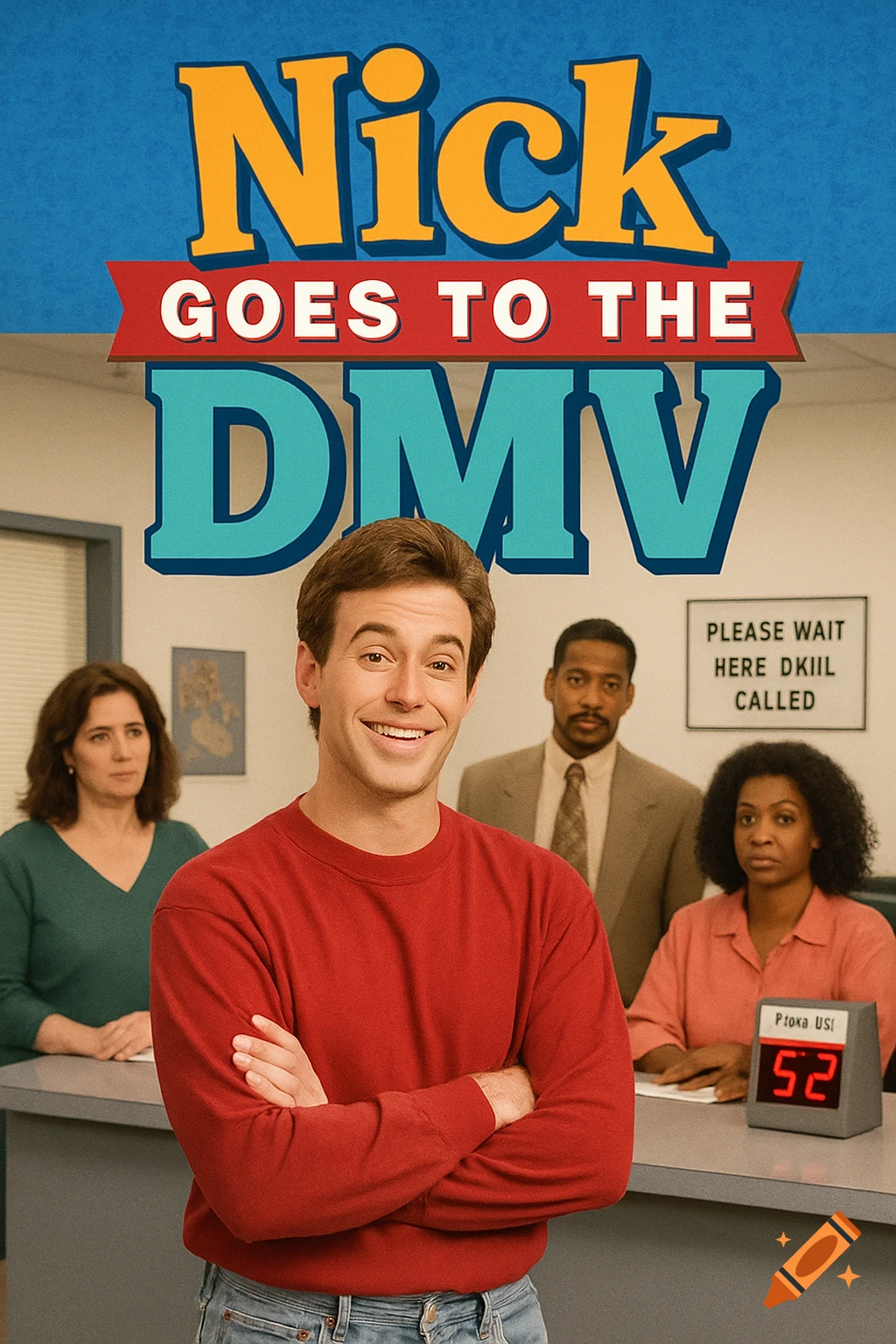 Movie poster for 'Nick Goes to the DMV' with smiling man at a counter in 90s sitcom style.