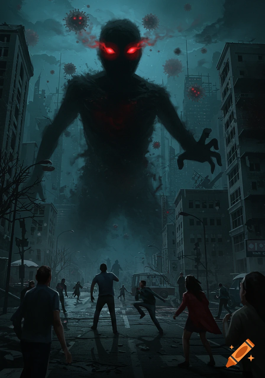 Giant dark figure with red eyes towers over a city street as people flee, with red virus shapes floating in the sky.