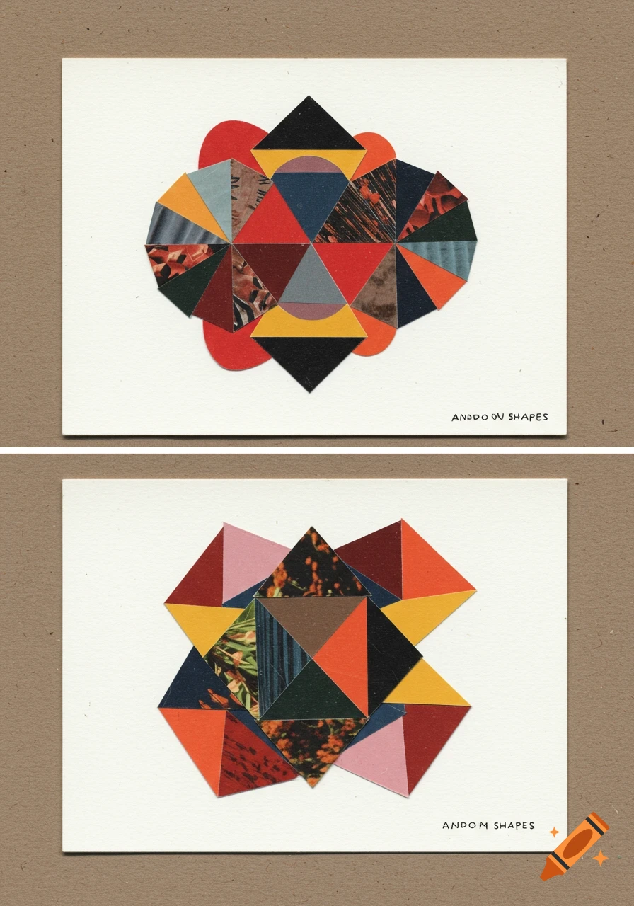 Two abstract collages of geometric shapes on a white background.