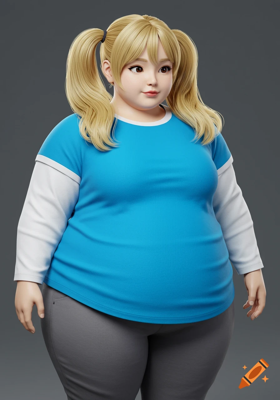 Full body photorealistic 3D render of an overweight young woman with blonde pigtails, blue and white shirt, and grey pants.