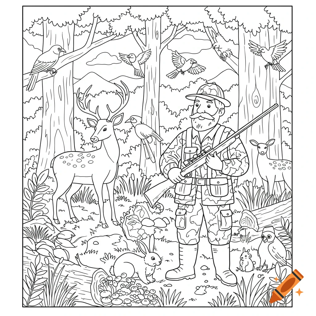 A line art coloring page showing a hunter with a rifle in a forest with deer, a rabbit, birds, and other animals.