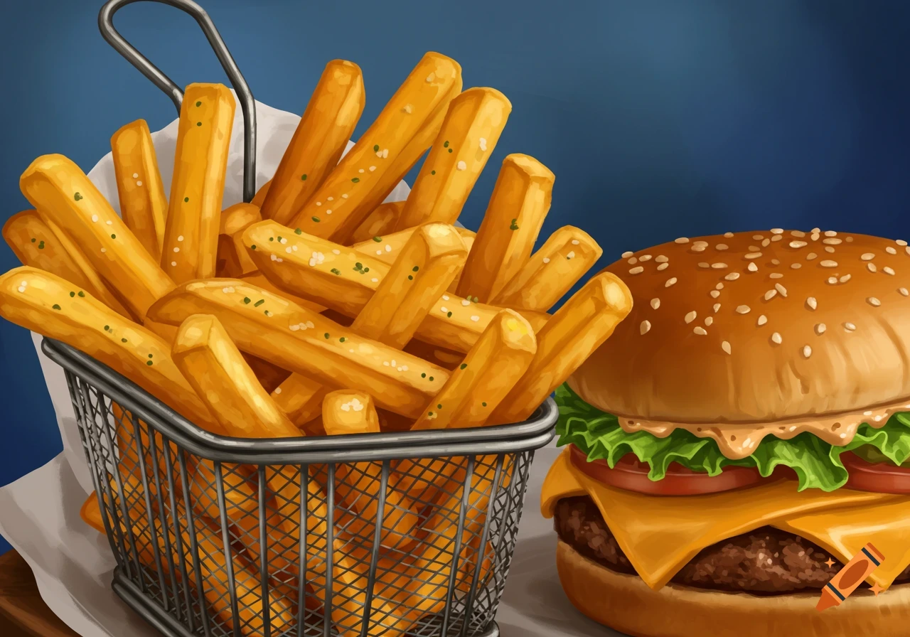 Illustration of french fries in a basket next to a burger.