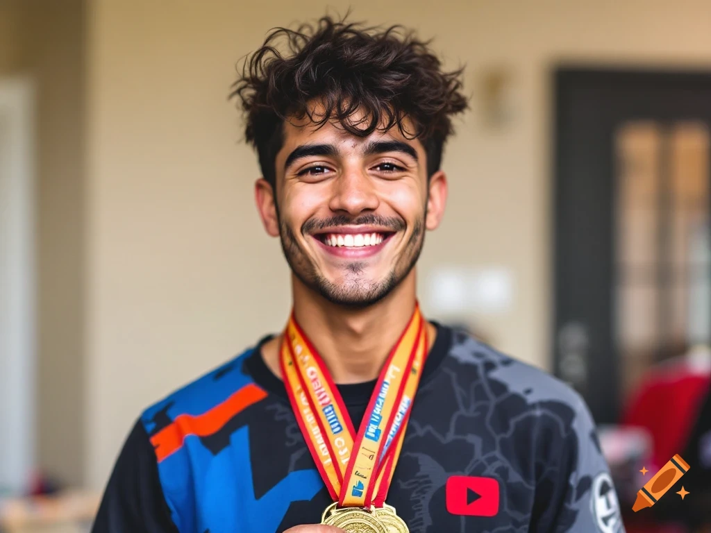 Smiling young man wearing multiple medals around his neck.