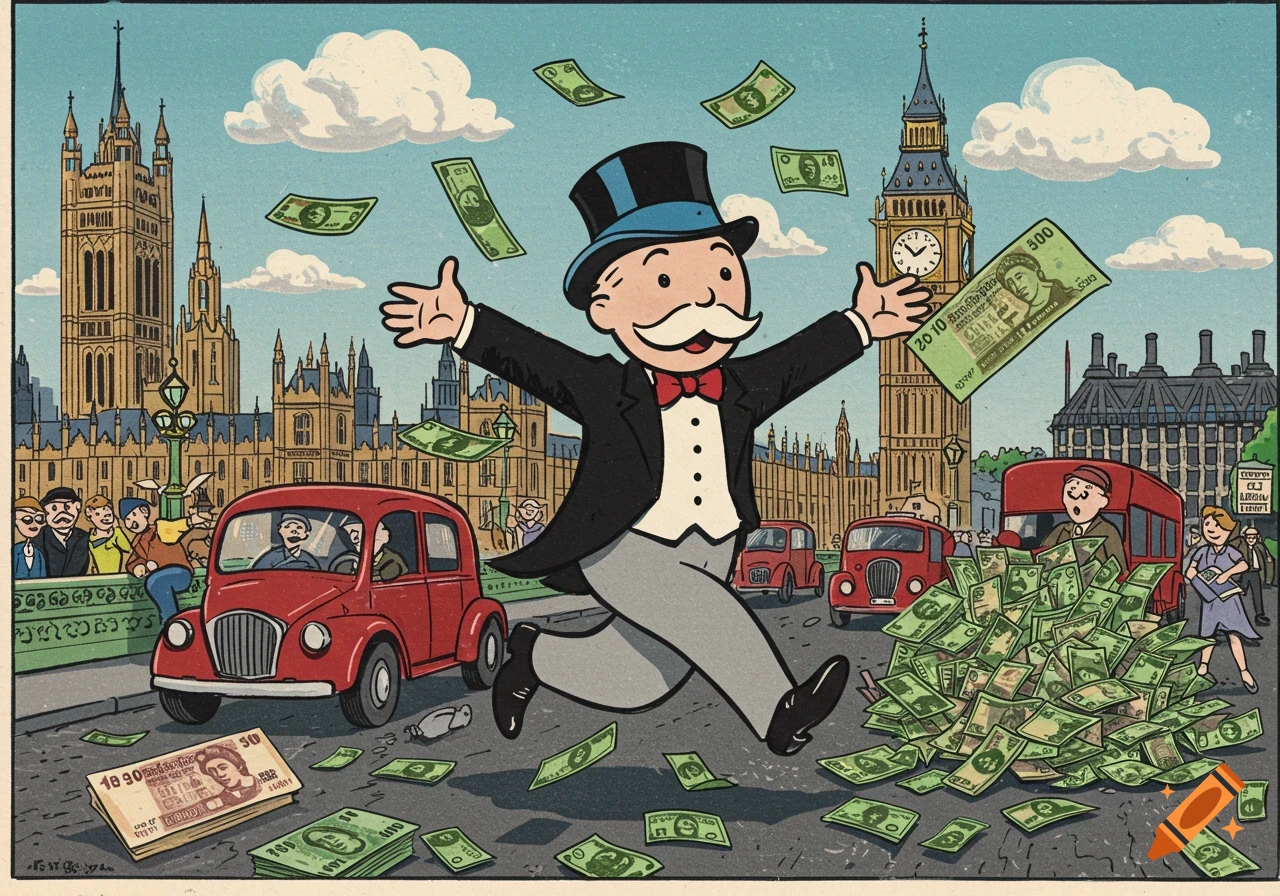 Illustration of Monopoly Man running through London, throwing money