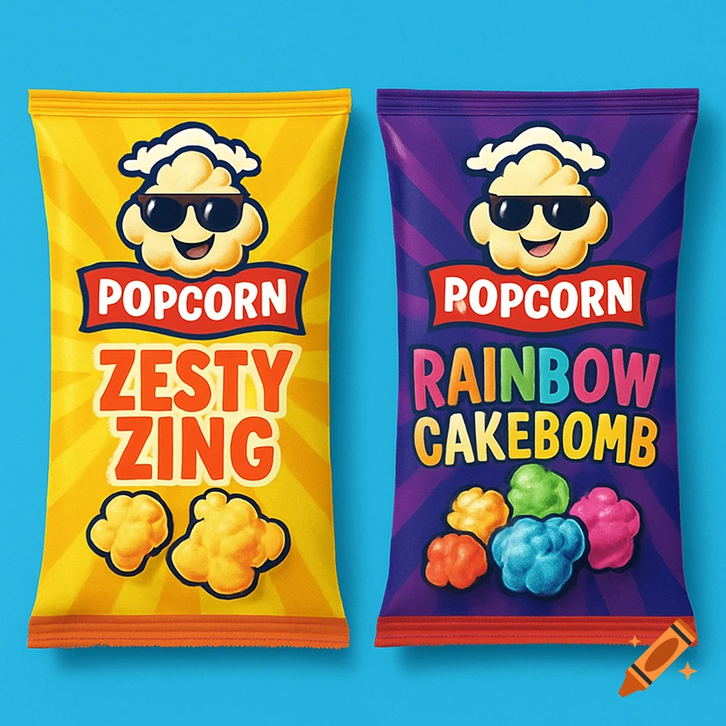 Two colorful popcorn bags with a cartoon popcorn character wearing sunglasses. One yellow bag says "Zesty Zing", one purple bag says "Rainbow Cakebomb".