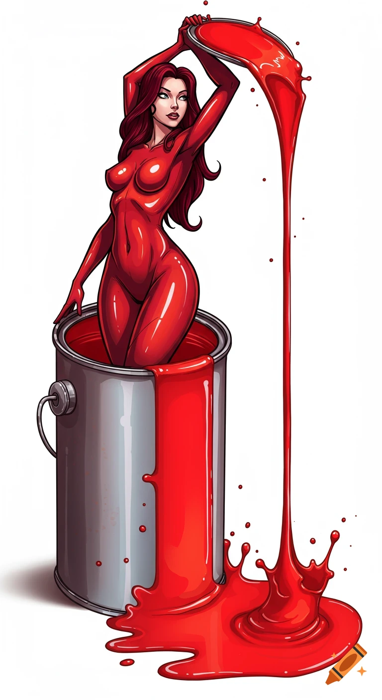 Stylized illustration of a woman in red liquid rising from a paint can, pouring more liquid.