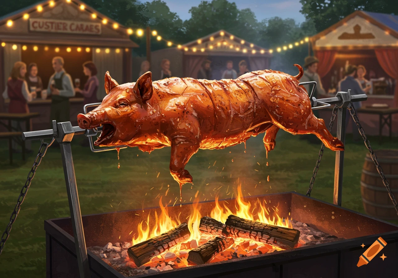 A whole roasted pig on a spit over a fire at an outdoor fair.