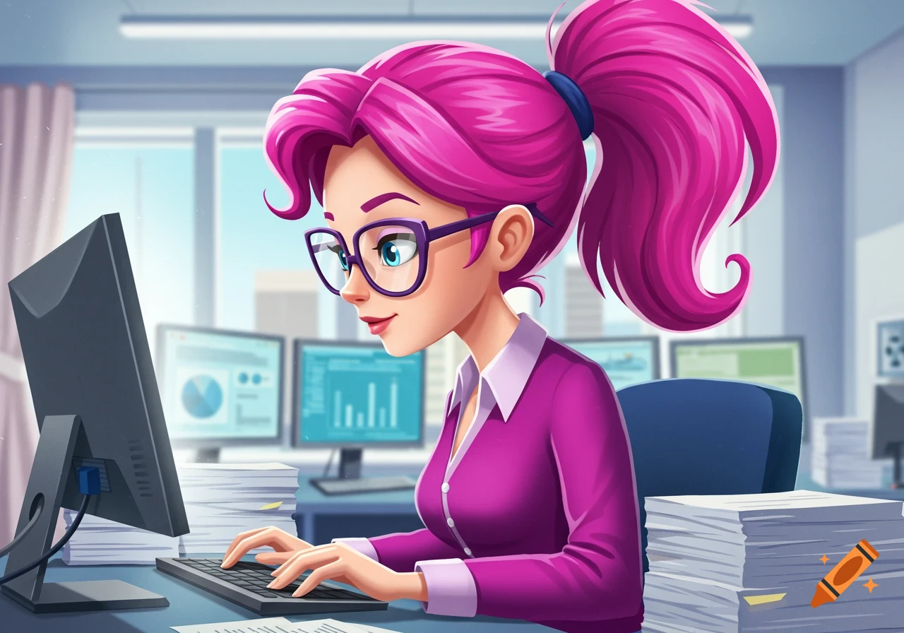 A cartoon woman with pink hair and glasses works on a computer at an office desk.