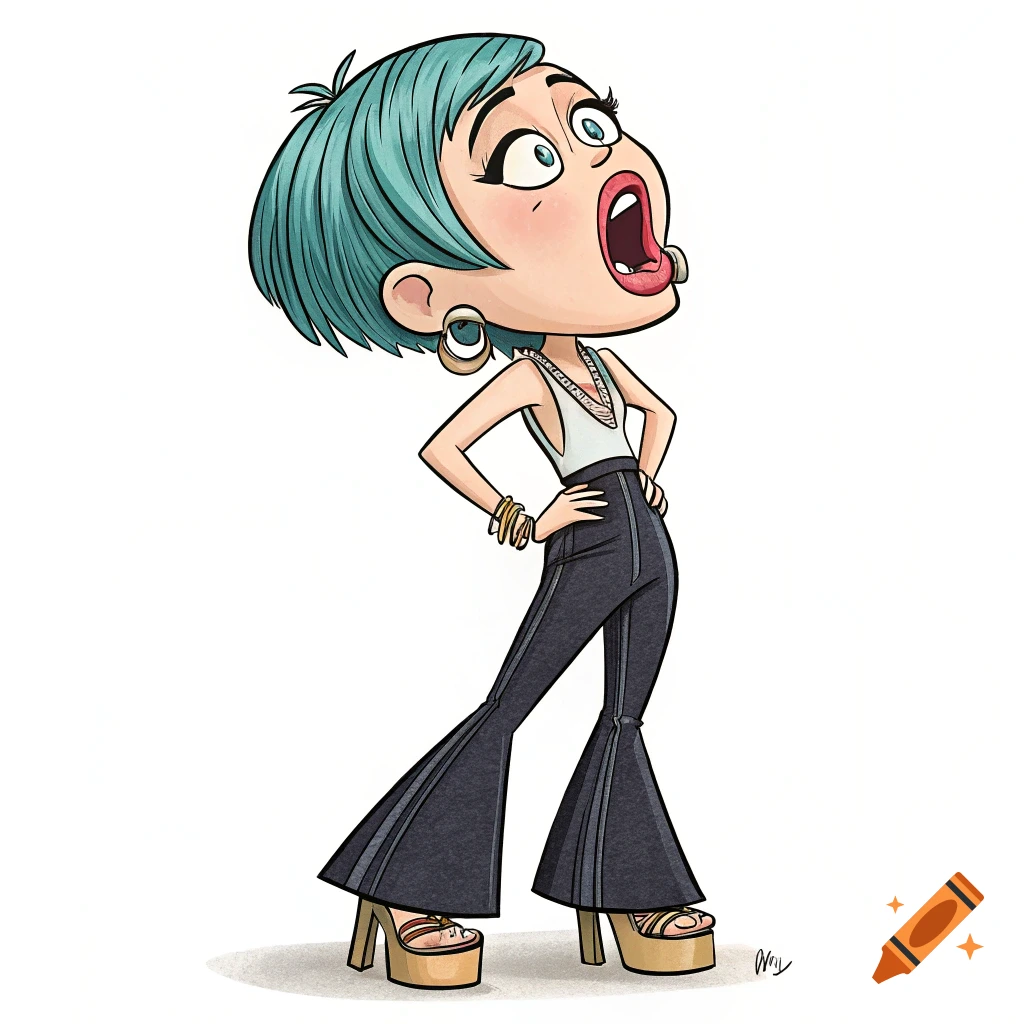Cartoon caricature of a woman with blue hair in 1970s fashion with a shocked expression.