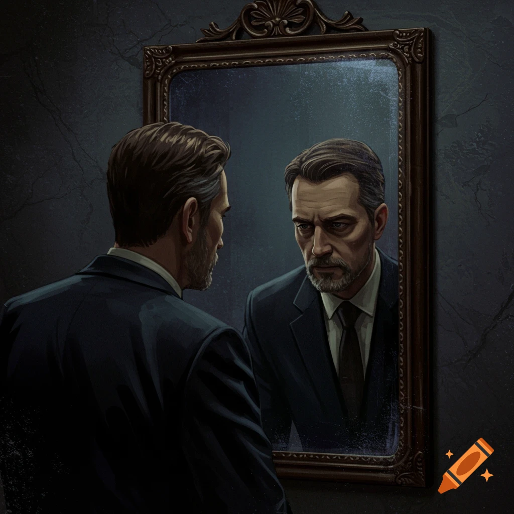 Man in a suit stares intensely at his reflection in an ornate mirror, illustrated style.
