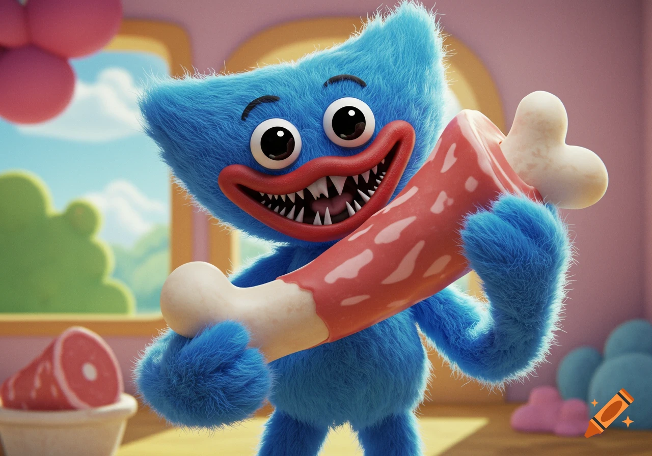 Blue fuzzy monster Huggy Wuggy holding a large bone