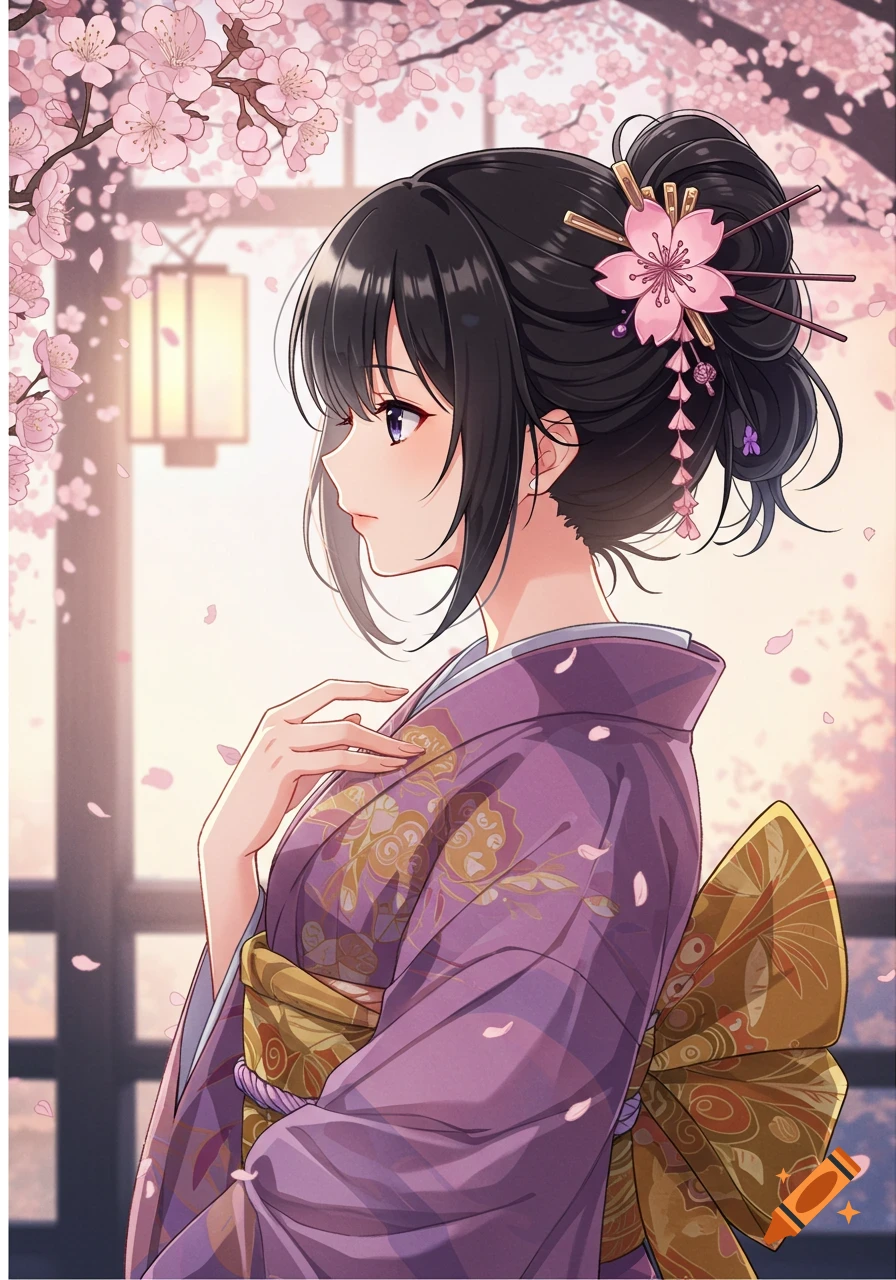 Anime-style Japanese woman in a purple kimono stands under blooming cherry blossoms.