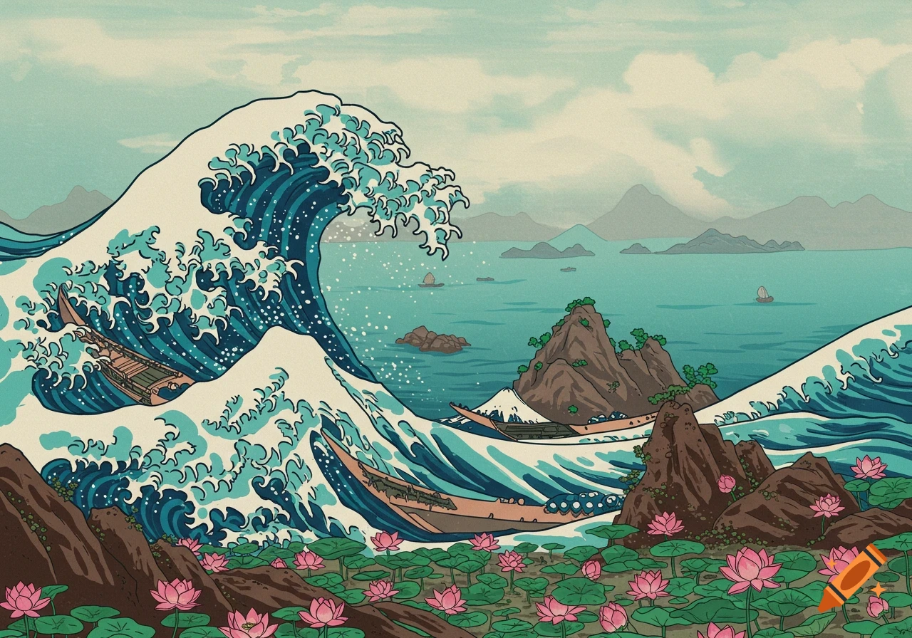 Japanese style illustration of a large wave, boats, islands, and pink lotus flowers