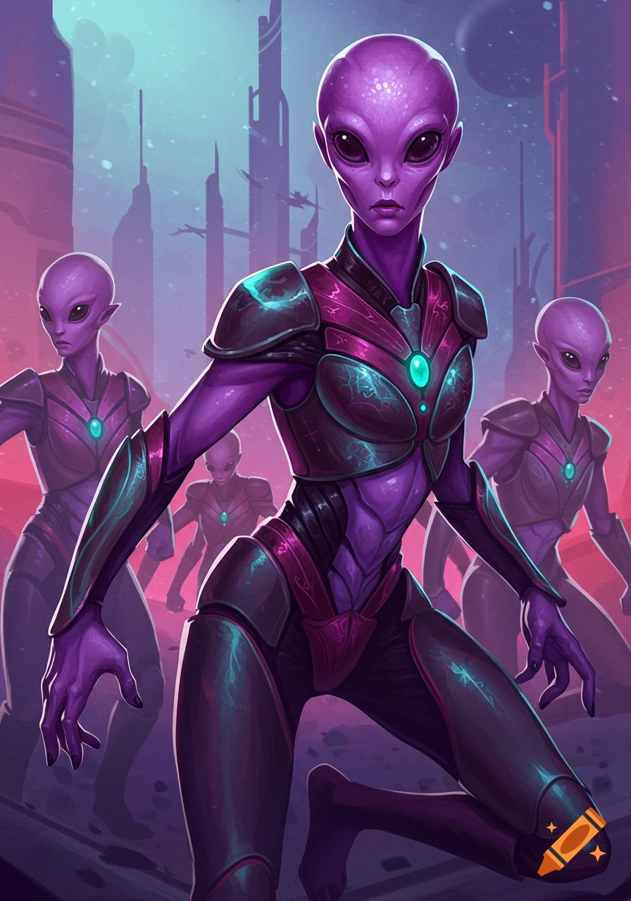 Purple aliens wearing armor stand in a science fiction city