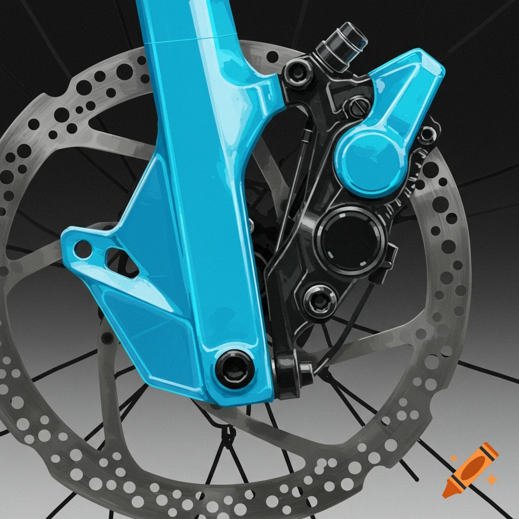 Close-up of a blue bicycle fork, black disc brake caliper, and silver disc rotor.