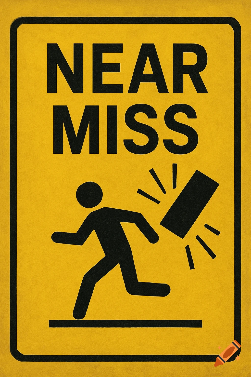 A yellow safety sign with black text 'NEAR MISS' and a pictogram of a person running away from a falling object.
