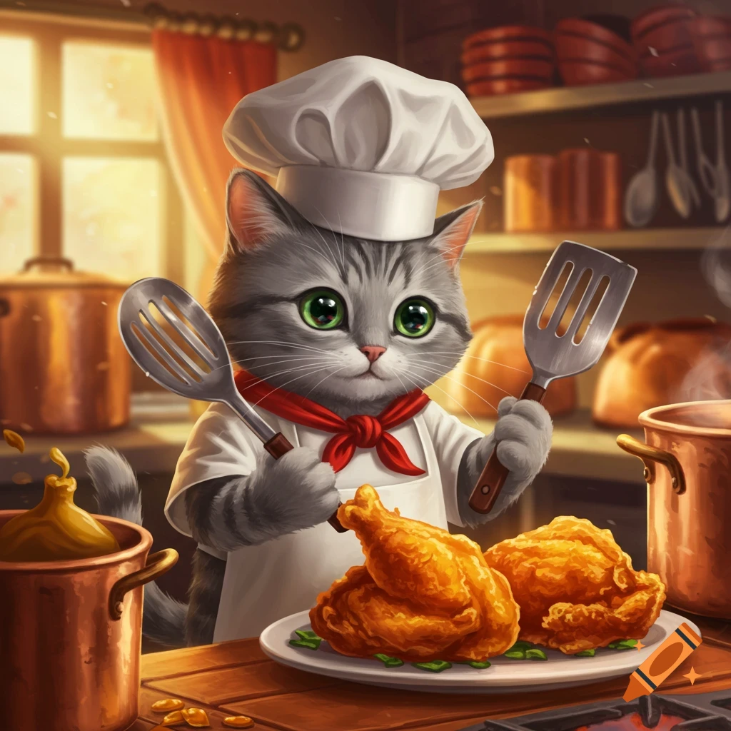 Cartoon grey cat chef holds spatulas over fried chicken in a kitchen.
