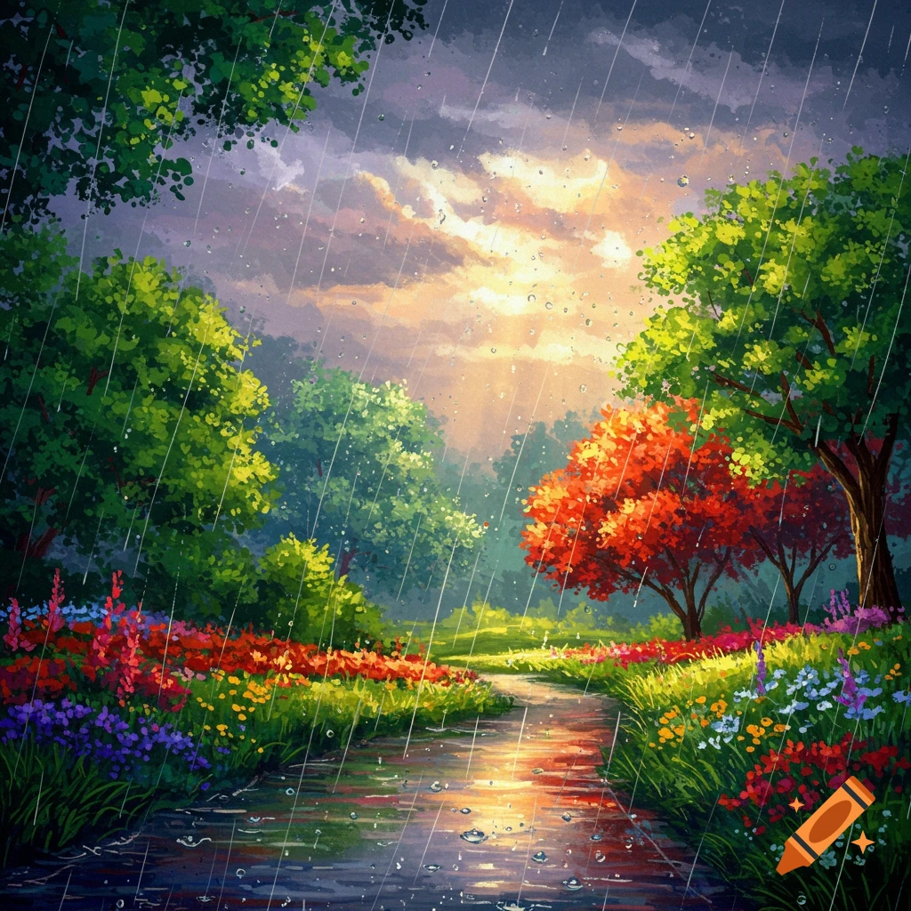 Vibrant painterly landscape of a path through a garden during a rainy day with sunlight and colorful flowers.