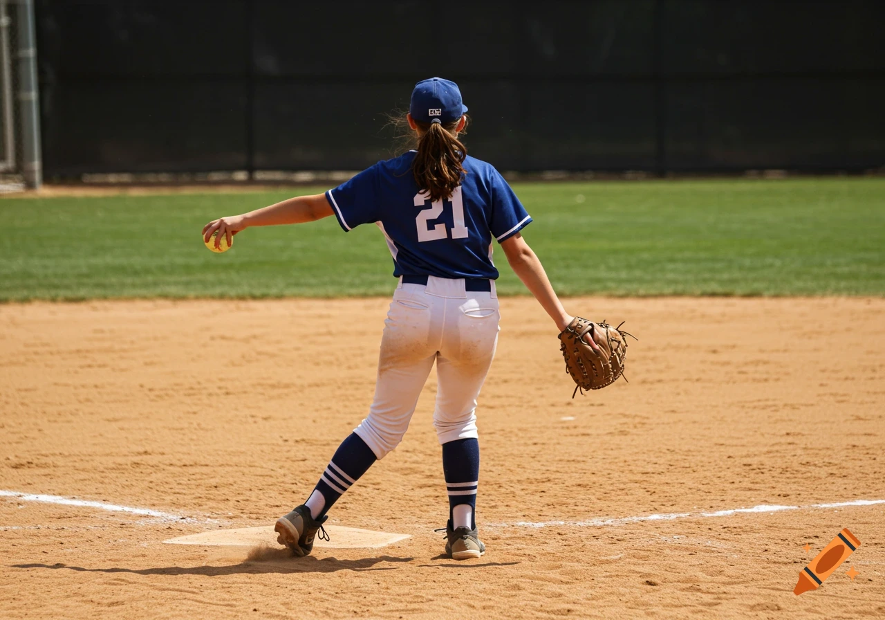 Young softball player in blue and white uniform throwing a ball on a dirt field.