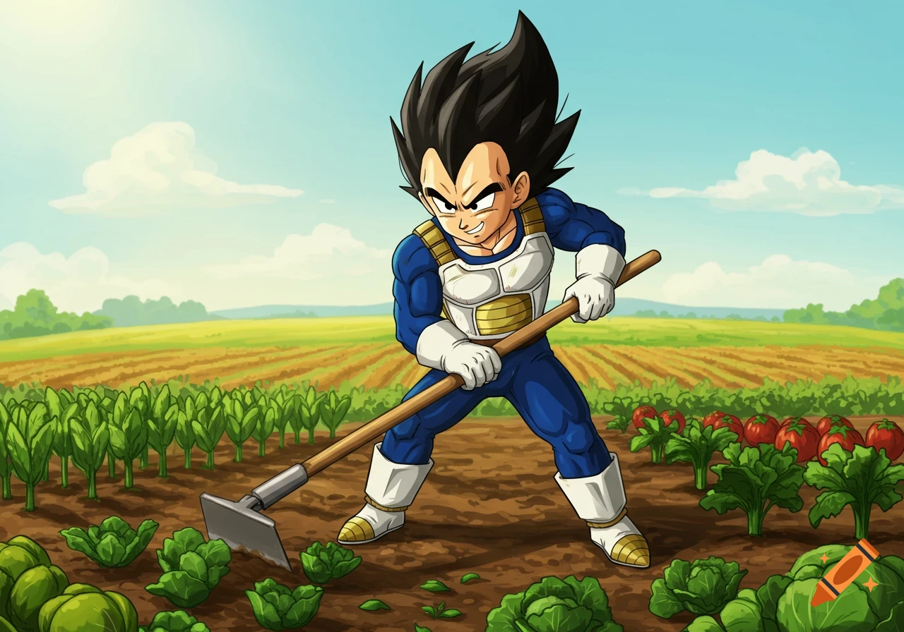Vegeta from Dragon Ball Z farms a field with a hoe