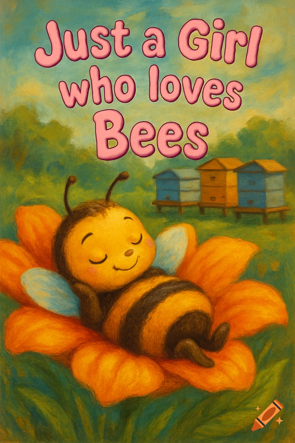Painterly illustration of a cute bee sleeping on a large flower with beehives in the background.