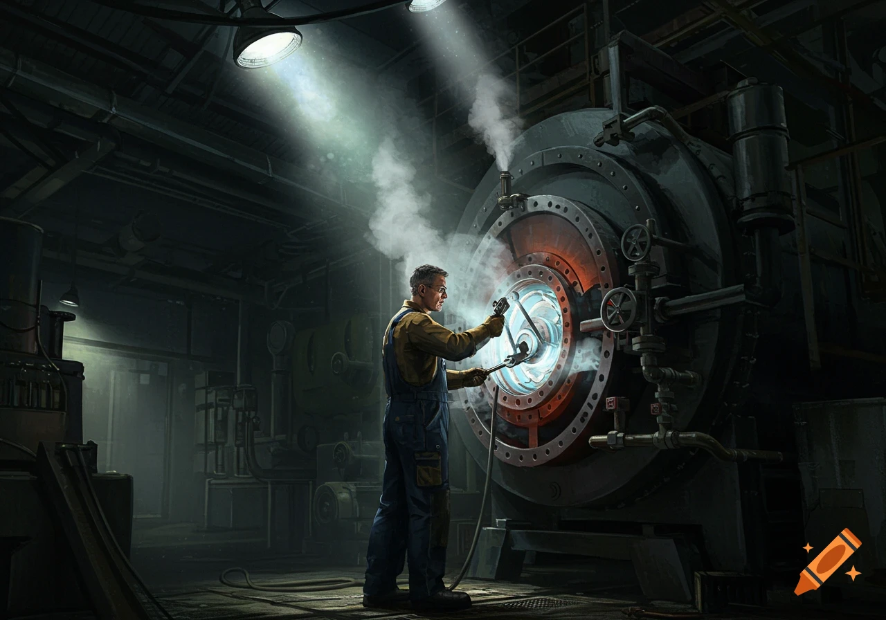 A man in overalls works on a large, glowing industrial machine in a dark factory.