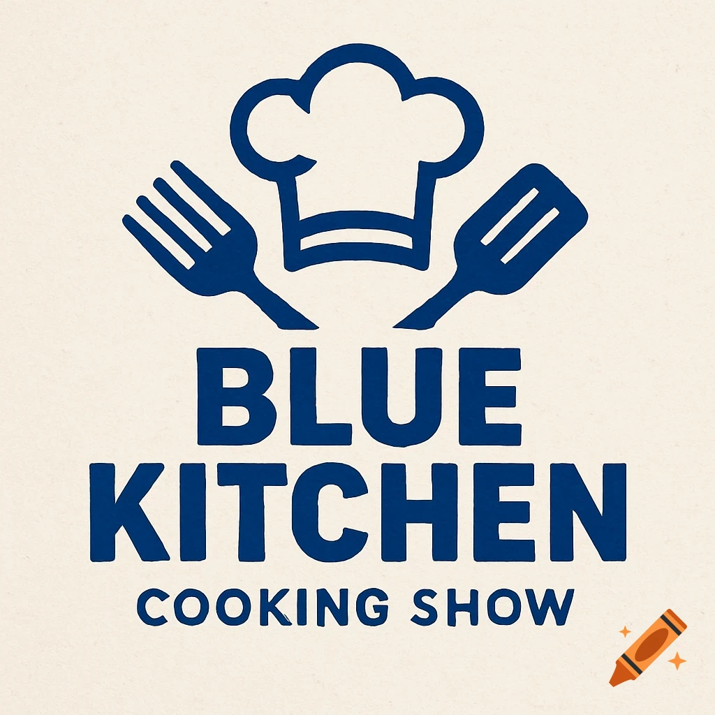 Blue logo with chef hat, fork, spatula, and text BLUE KITCHEN COOKING SHOW on cream background.