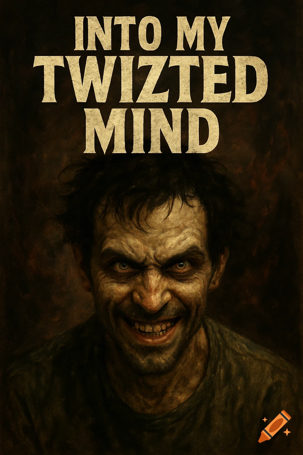 Horror movie poster with text "Into My Twizted Mind" above a portrait of a creepy, grinning man.
