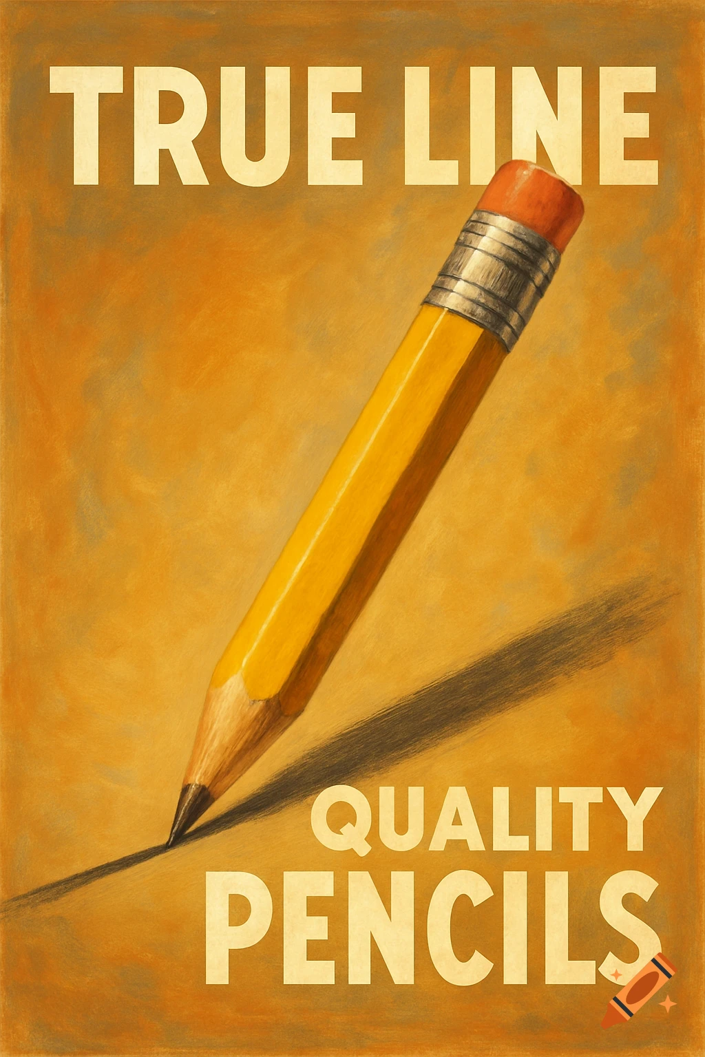 A retro-style poster featuring a large yellow pencil on an orange background. Text reads 'TRUE LINE' and 'QUALITY PENCILS'.