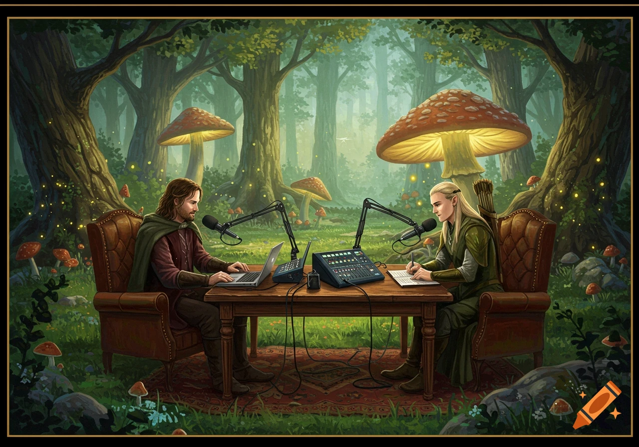 Two fantasy characters recording a podcast in a magical forest