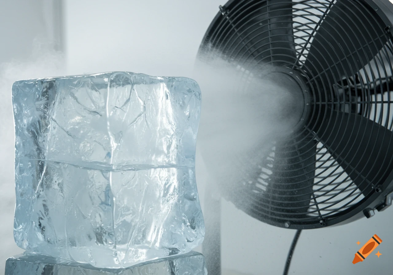 A fan blows air across a large block of ice, creating mist.