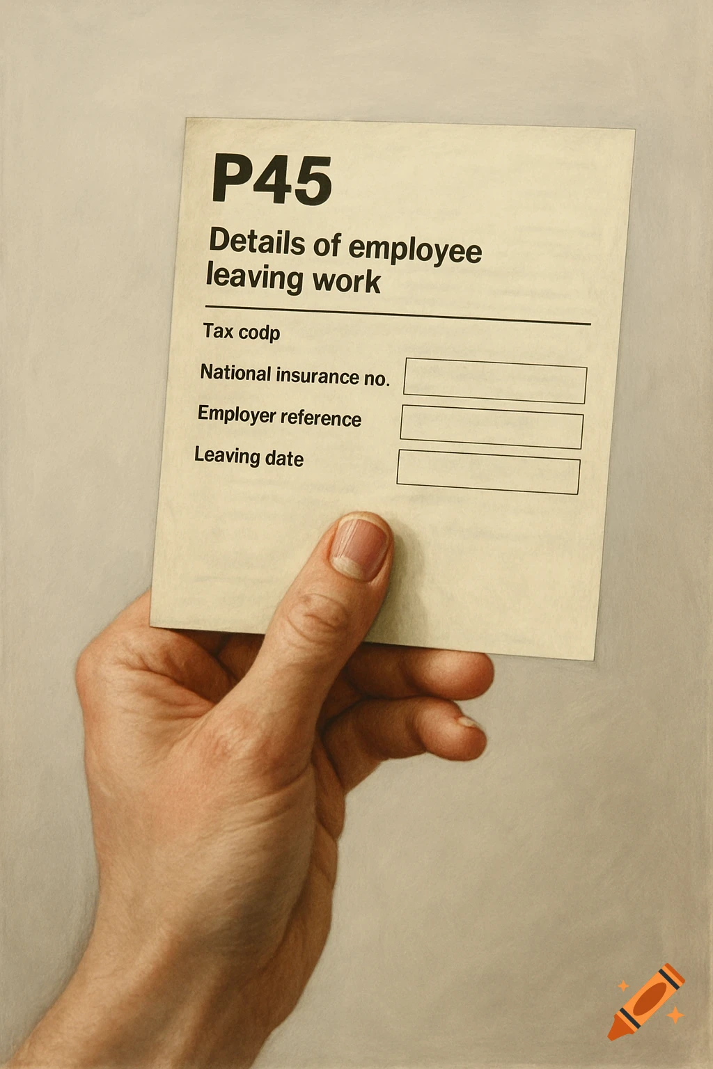 A realistic image of a hand holding a P45 document.