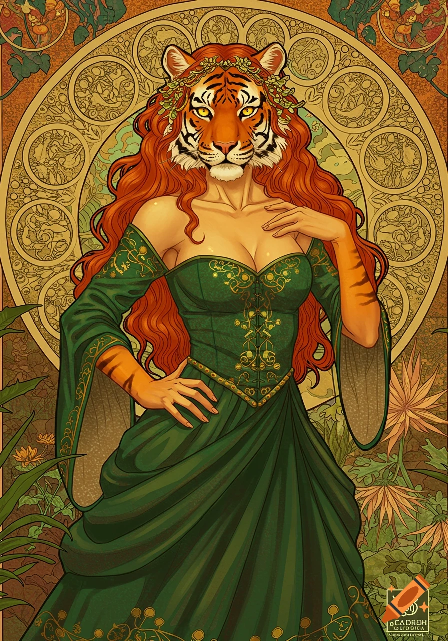 Fantasy portrait of a woman with a tiger head in a green dress, art nouveau style.