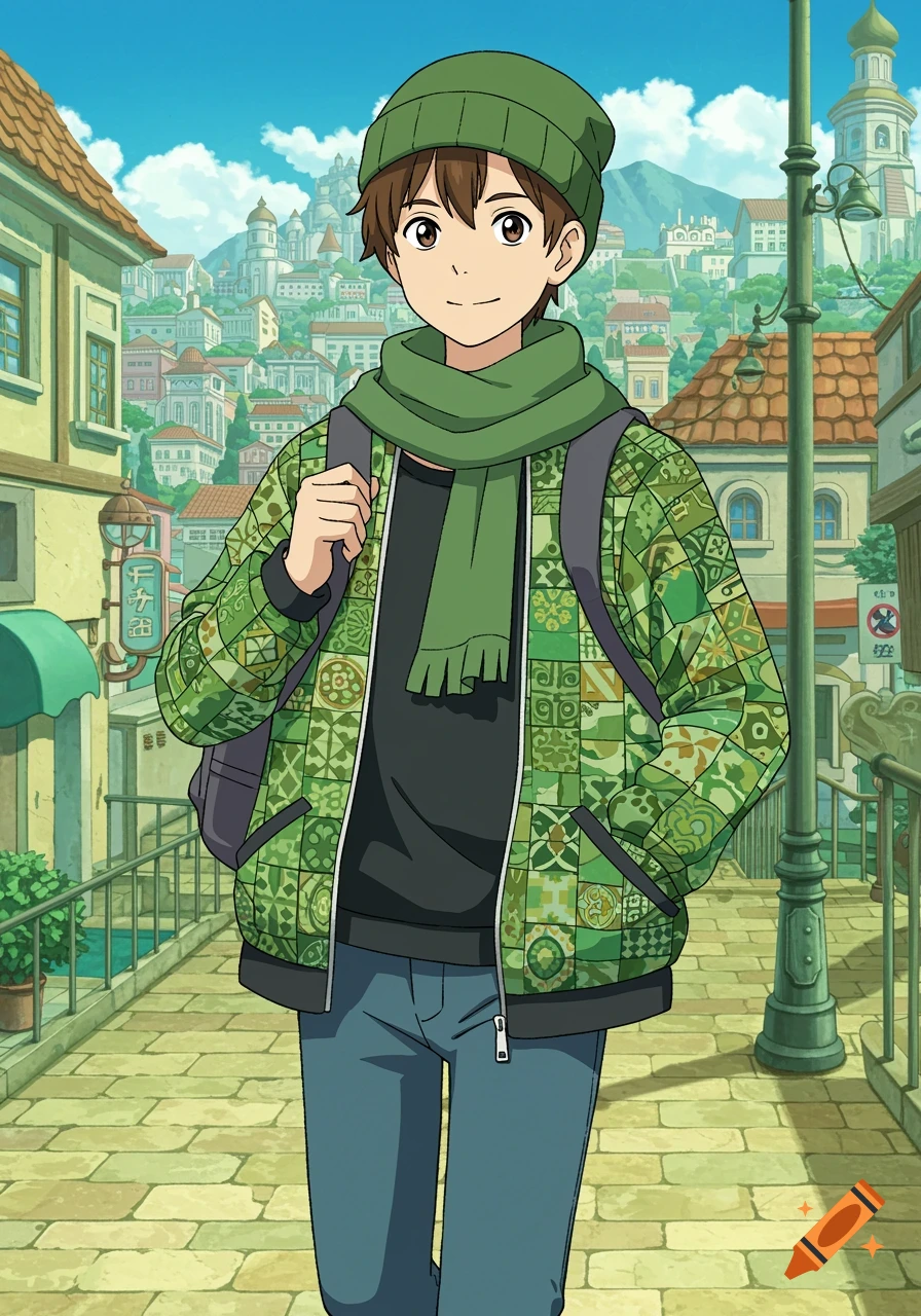 Anime illustration of a boy with brown hair, green beanie, scarf, and tile pattern jacket walking in a town.