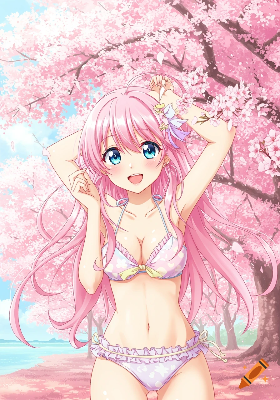 Anime illustration of a pink-haired girl in a bikini under cherry blossom trees.