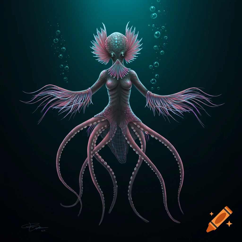 Fantasy deep-sea creature resembling a human-octopus hybrid with pink feathered features floating in dark water.