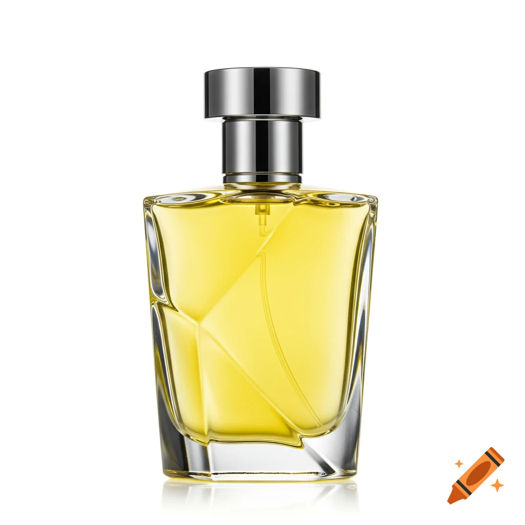 A yellow perfume bottle with a silver cap on a white background