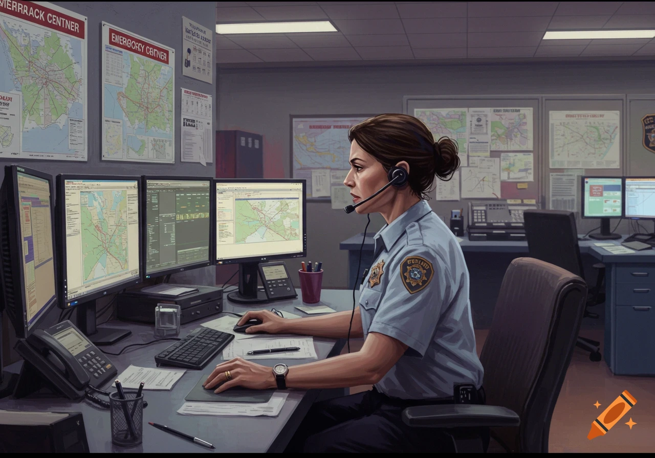 Illustration of a dispatcher wearing a headset, sitting at a desk with multiple computer monitors displaying maps in an office.