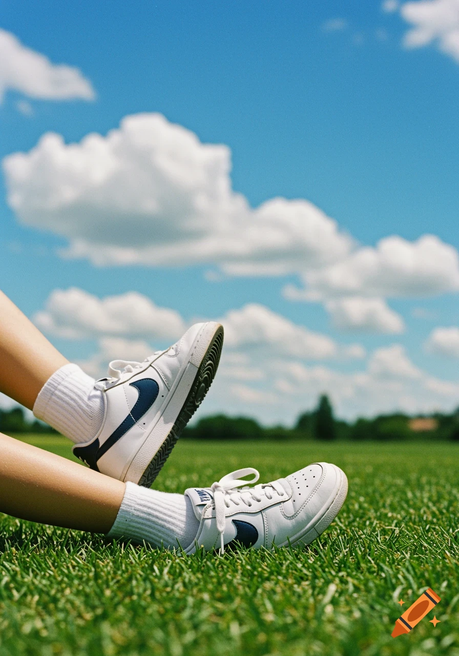 Legs wearing white socks and Nike sneakers rest on green grass under a blue sky.