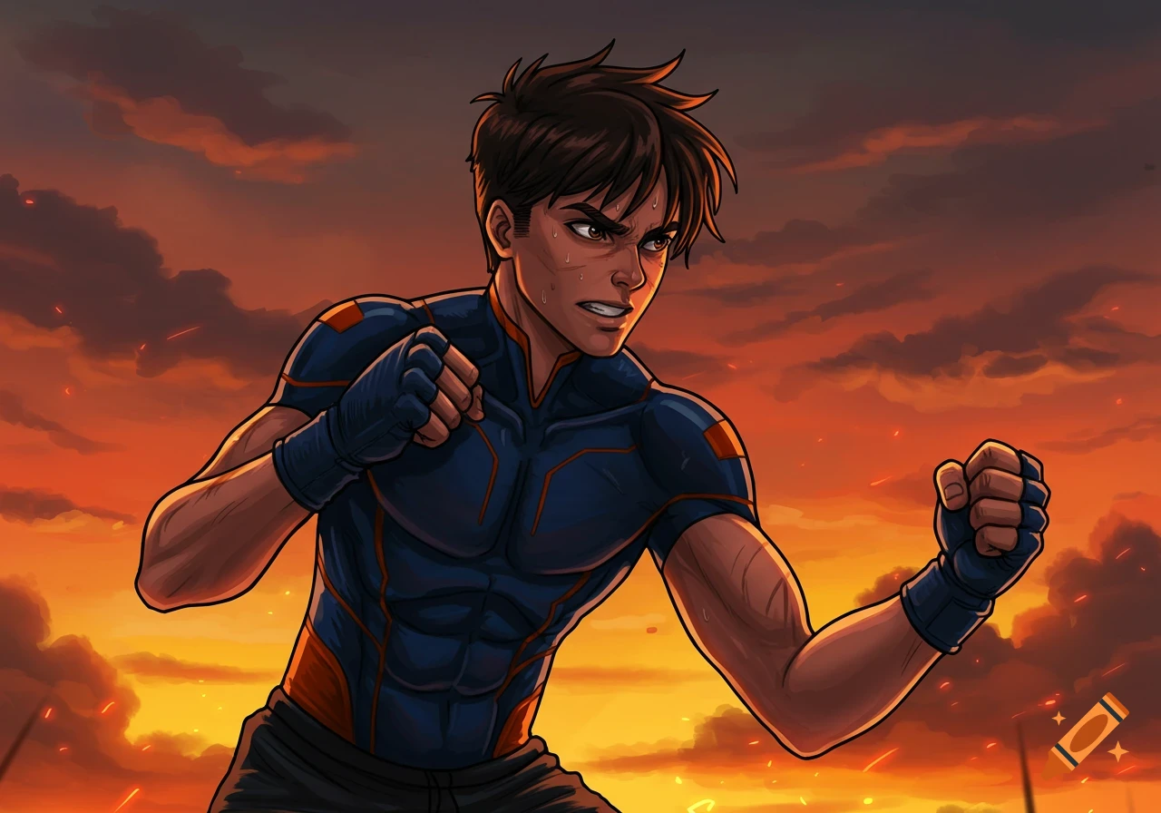 Anime illustration of a muscular man in a fighting pose against an orange sky.