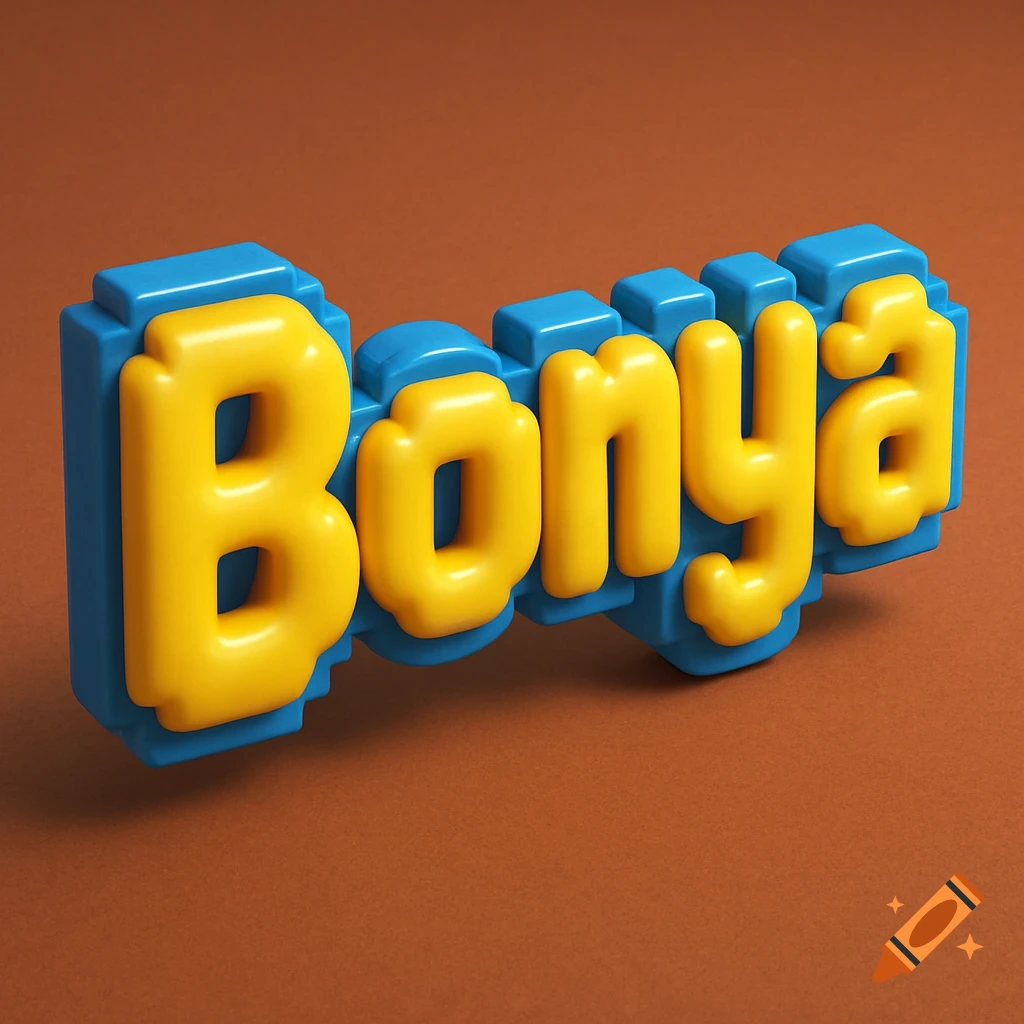 Blue and yellow 3D bubble text spelling 'Bonya' in an 8bit style on a brown background.